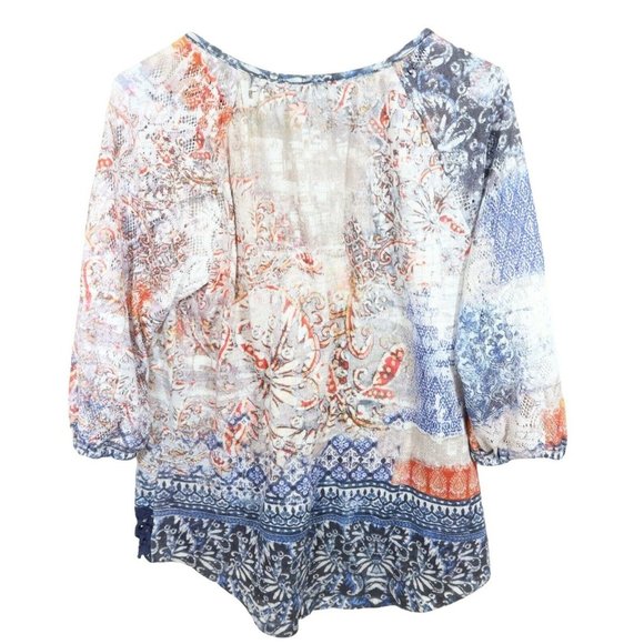 4/$25 CHICOS 1 S/M Blue Orange Abstract Crochet Lace Trim Sleeve High Low Top - Picture 5 of 5